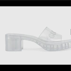 Worn Twice. 
Transparent rubber
Mid-heel
2.4" heel with .8" platform